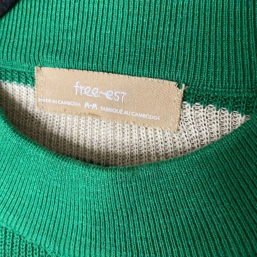 Free People FreeEst Sweater Women Medium Green White Striped Oversized Mock Neck